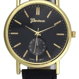 Geneva Gold Tone & Black Leather Strap